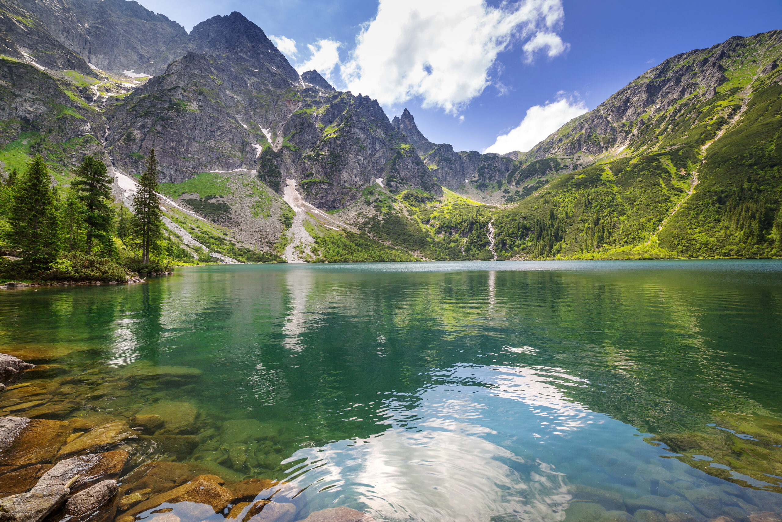A lake surrounded by. mountains
